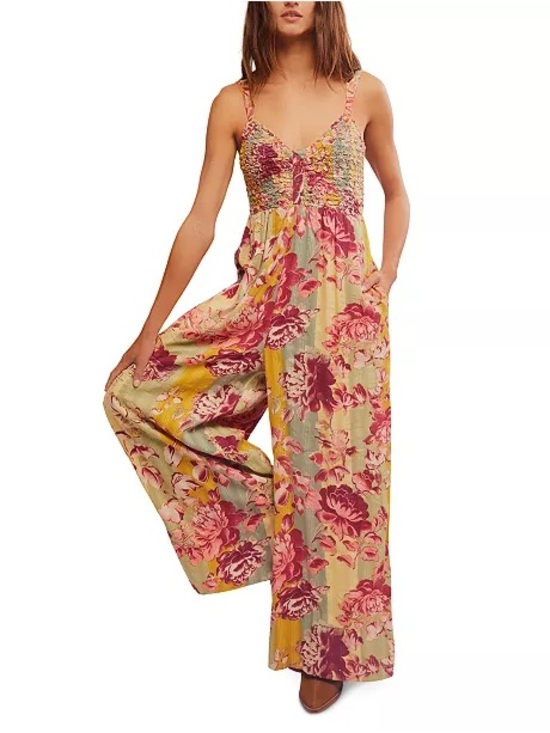 Free People Pants - Free People Floral Smocked Wide-Leg Jumpsuit in Pink and Yellow
